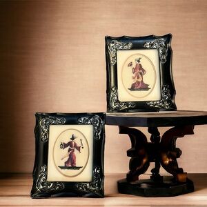 Vintage Set of 2 Japanese Embroidery Lady & Samurai Matted and Framed Pictures